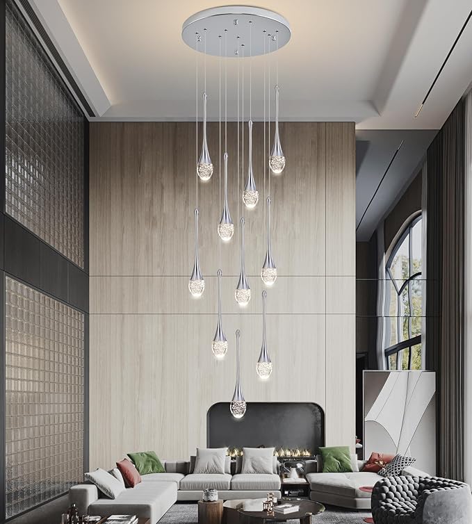 Modern Crystal Chandelier 9-Lights Chrome, H98.5'' High Ceiling Spiral Dimmable LED Bubble Crystal Raindrop Light Fixture for Foyer Entryway Dining Room Remote Control