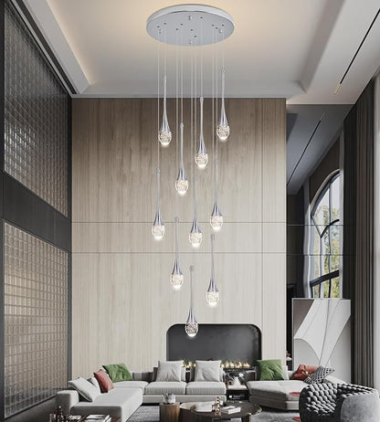 Modern Crystal Chandelier 9-Lights Chrome, H98.5'' High Ceiling Spiral Dimmable LED Bubble Crystal Raindrop Light Fixture for Foyer Entryway Dining Room Remote Control