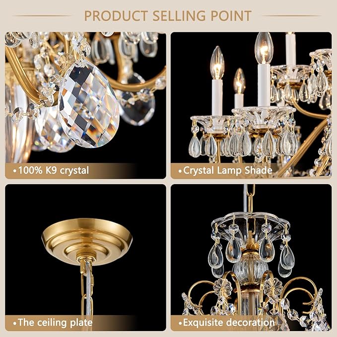 Vintage 2 Layers Crystal Chandelier for High Ceilings, 18-Light Brass Chandelier, Pendant Ceiling Light Fixture for Living Room Hallway Lobby Foyer Entrance Hotel Banquet Hall, Dia 37"