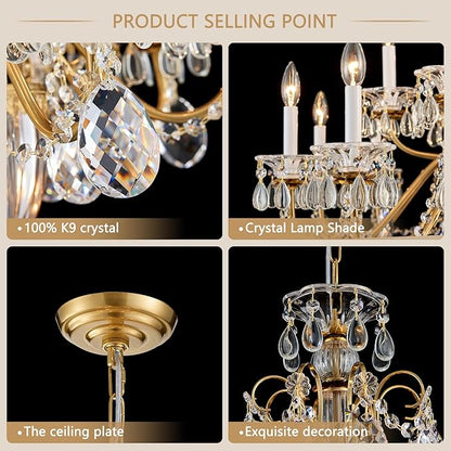 Vintage 2 Layers Crystal Chandelier for High Ceilings, 18-Light Brass Chandelier, Pendant Ceiling Light Fixture for Living Room Hallway Lobby Foyer Entrance Hotel Banquet Hall, Dia 37"
