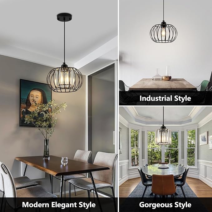 XSDeTu Black Pendant Light Fixture, Farmhouse Hanging Lights with Crystal, Adjustable Mini Kitchen Pendant Light, Modern Industrial Metal Wire Caged Hanging Pendant Lamp for Living Room, Bedroom