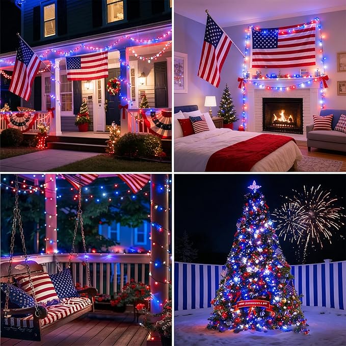 LAMPHOME 100 LED Red White and Blue Lights, 4th of July Decorations String Lights Plug in Indoor Outdoor, 16 Modes Waterproof Patriotic Light for Independence Day Holiday Memorial Day Party Decor