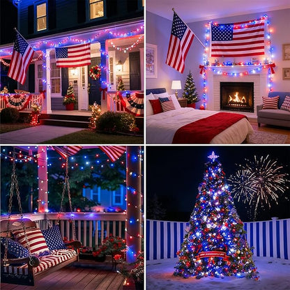 LAMPHOME 33ft Red White Blue String Lights, 100LED 4th of July Patriotic Fairy Lights Plug in,16 Lighting Modes with timer Starry Lights for Outdoor Tree Independence Day Memorial Day tree Party Decor