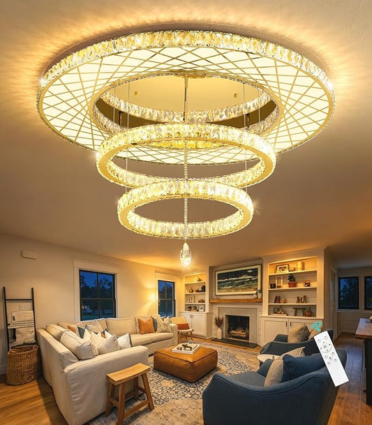 HAIXIANG 40 Inch LED Chandelier, Ceiling Light for Living Room Flush Mount Lighting Fixtures Remote Dimmable, Compatible with Sloped Dome Ceiling Install, Gold