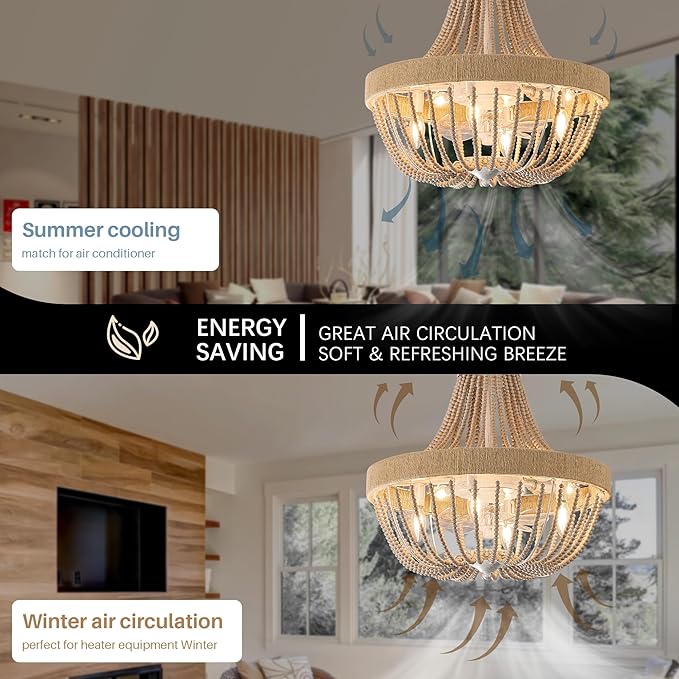 Vintage Bohemian Empire Chandelier Fan with 64 Wood Bead Strands, 7-Blade Invisible Fan, Antique White Gold Finish Ceiling Fan for Living Room, Bedroom(White Gold, 20'' Boho Style)