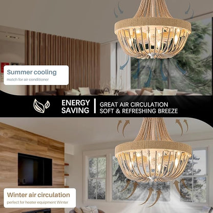Vintage Bohemian Empire Chandelier Fan with 64 Wood Bead Strands, 7-Blade Invisible Fan, Antique White Gold Finish Ceiling Fan for Living Room, Bedroom(White Gold, 20'' Boho Style)