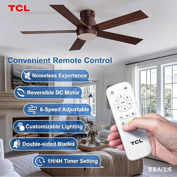 TCL Ceiling Fan with Light: Oil Rubbed Bronze Finish 5 Wood Grain Blade Low Profile Remote Control Flush Mount DC Reversible 3CCT Dimmable Noiseless Fan with Light for Indoor and Room
