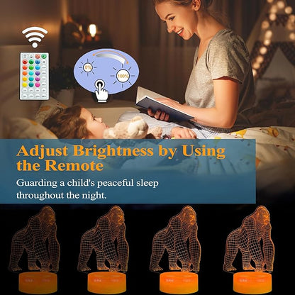 Gorilla Night Light, Gorilla Gifts, Ape 3D Illusion Night Light, 16 Colors Changing, Remote Control with Timer, Kids Room Decoration Monkey Gifts for Boy
