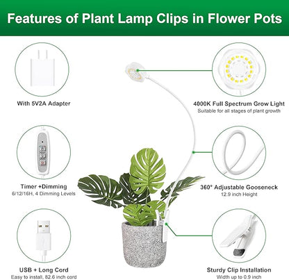 Hywyimlait Grow Lights for Indoor Small Plants, Pot Clip Plant Growing Lights, LED Full Spectrum, Grow Lamps with 4 Level Dimmable, Auto Timer 6/12/ 16 Hrs for Succulents, White 1 Pack