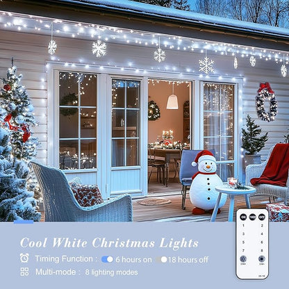 JMEXSUSS Christmas Lights, 8 Modes Waterproof Christmas Light Outdoor Plug in, Clear Wire String Lights Indoor Bedroom 720LED 230 FT White