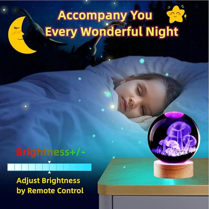 3.15 inch Mushroom Crystal Ball lamp,3D K9 Mushroom Crystal Ball Night Light with Wooden Base,16 Colors Change with Remote Control (Moon)