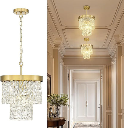 Water Ripple Gold Chandelier, 2-Tier 10'' Pendant Lights Kitchen Island, Vintage Chandeliers for Dining Room Kitchen Island Bedroom Entryway, CC4848-1P-PG