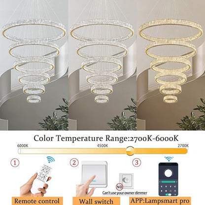 Extra Large Ring Chandelier Modern LED Gold 6 Ring Chandelier for High Ceiling Long Stair Crystal Chandeliers D8+15.7"+23.6"+31.5"+39.4"+47.5"
