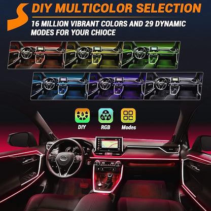 Interior Car LED Strip Lights 400 inches Fiber Optic tubing USB Powered RGB 8 in 1 Car Neon with Wireless APP and Remote Control, Ambient Lighting Kits 16 Million Colors,Sync to Music