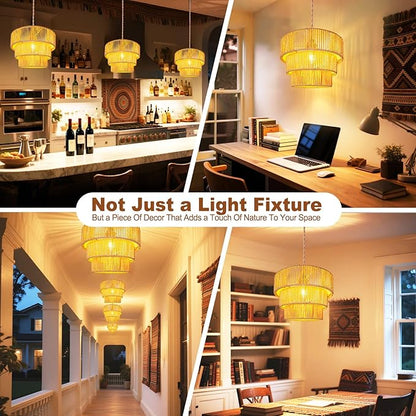 Maliralt Rattan Pendant Light Hanging Lamps - 16.4ft Plug in Cord Hanging Light Fixture Plug Into Wall Outlet Pendant Lighting with On Off Switch for Bedroom Living (3-Tier Rattan Lamp Shade)