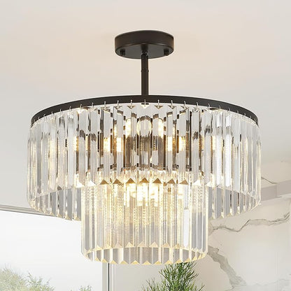 17.7" Black Semi Flush Mount 2-Tier Crystal Ceiling Light Fixtures for Dining Room Modern Luxury 8-Light Chandeliers Lighting for Bedroom Entryway Hallway Kitchen Island Living Room Foyer