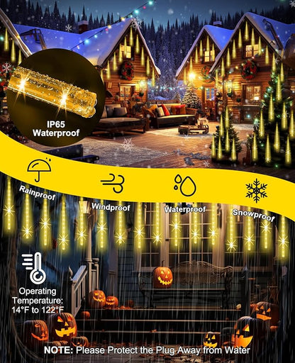 EAGWELL Outdoor Christmas Lights 16 Inch 20 Tubes Meteor Shower, Warm White Falling Rain Drop Icicle String Lights, Cascading Snow Effect Waterproof Xmas Decor for Tree Wedding Party Garden Holiday