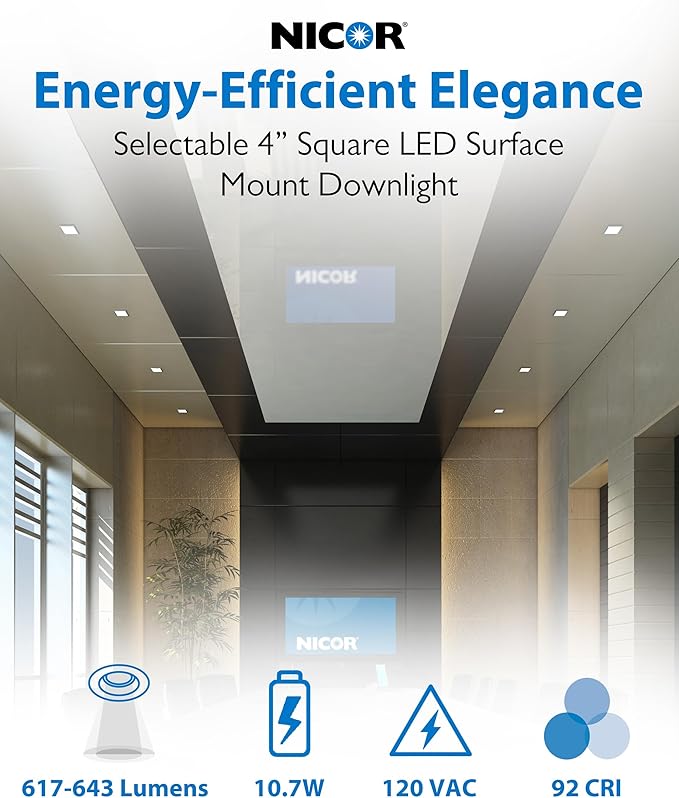 4” Square LED Surface Mount Ceiling Light - Dimmable Ceiling Light for Kitchen - Selectable CCT 2700K-5000K, 617-643 Lumens, 10.7W - DSE Edge-Lit Downlights for Ceiling, White by NICOR Lighting