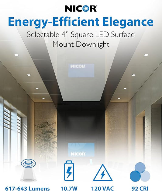4” Square LED Surface Mount Ceiling Light - Dimmable Ceiling Light for Kitchen - Selectable CCT 2700K-5000K, 617-643 Lumens, 10.7W - DSE Edge-Lit Downlights for Ceiling, White by NICOR Lighting