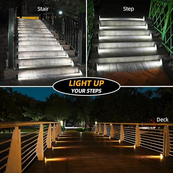 NIORSUN Solar Step Lights 24 Pack - Outdoor Stair Lights with 3000K Warm White & 6000K Cool Daylight, IP67 Waterproof, Auto On/Off, Super Bright for Deck, Patio, Steps