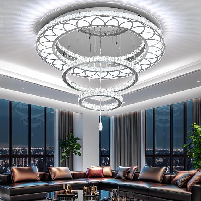 Flashing God Extra Large Chandelier Dia 55" Chrome Chandeliers Flush Mount Chandelier for Living Room Bedroom Dining Room Hallway Dimmable 3 Rings Ceiling Chandeliers