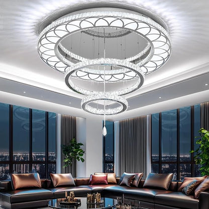 Flashing God Extra Large Chandelier Dia 55" Chrome Chandeliers Flush Mount Chandelier for Living Room Bedroom Dining Room Hallway Dimmable 3 Rings Ceiling Chandeliers