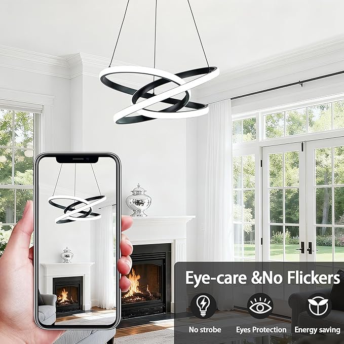 MAYNA Modern Ring Chandelier for Dining Room,Dimmable LED Pendant Light with Remote, Irregular Light Fixture for Kitchen Island Over Table, 3 Color Changeable Hanging Lamp, Black 19.7 inch