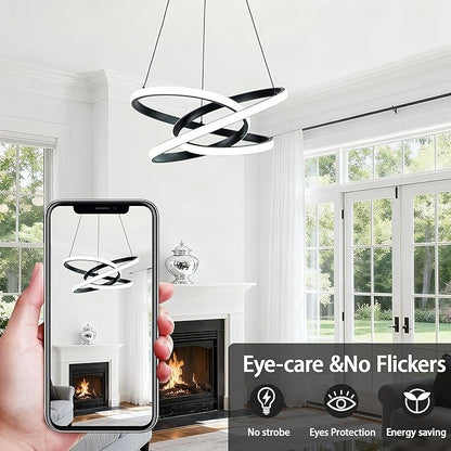 MAYNA Modern Ring Chandelier for Dining Room,Dimmable LED Pendant Light with Remote, Irregular Light Fixture for Kitchen Island Over Table, 3 Color Changeable Hanging Lamp, Black 19.7 inch