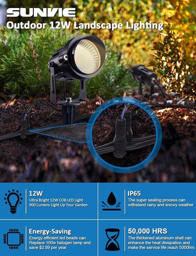 SUNVIE 12W Low Voltage Landscape Lights LED Landscape Lighting with Connectors 12V Warm White (900LM) Waterproof Garden Low Voltage Lights Wall Tree Flag Outdoor Spotlights with Spike Stand, 8 Pack
