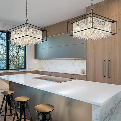 24" Modern Chandeliers for Dining Room,Black Crystal Chandelier, Adjustable Chain Length,5-Light Pendant Light Fixture for Kitchen Island Living Room Entryway Foyer Flat and Inclined Ceiling