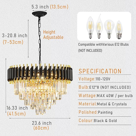 24" Modern Black and Gold Crystal Chandelier for Dining Room,5-Tier 10 Lights K9 Crystal Large Pendant Light Chandeliers Luxury Round Ceiling Light Fixture for Living Room Entryway Foyer