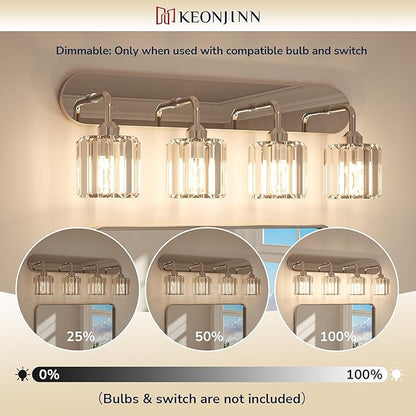 Keonjinn 4-Light Bathroom Light Fixtures, Crystal Chrome Bathroom Vanity Lights Over Mirror, Vanity Lighting Fixtures with Crystal Square Shades (E26 Socket, Exclude Bulb)