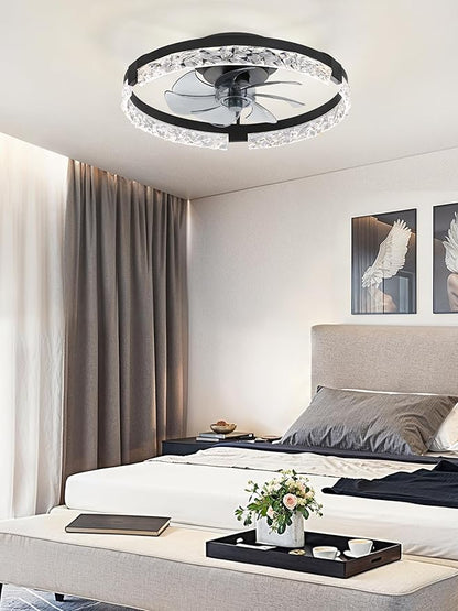LEDIARY 20 Inch Low Profile Ceiling Fans with Lights and Remote, Fandelier Ceiling Fan Flush Mount, 3000K-6000K Dimmable LED Fan Light, Black Modern Ceiling Fans with Lights for Bedroom