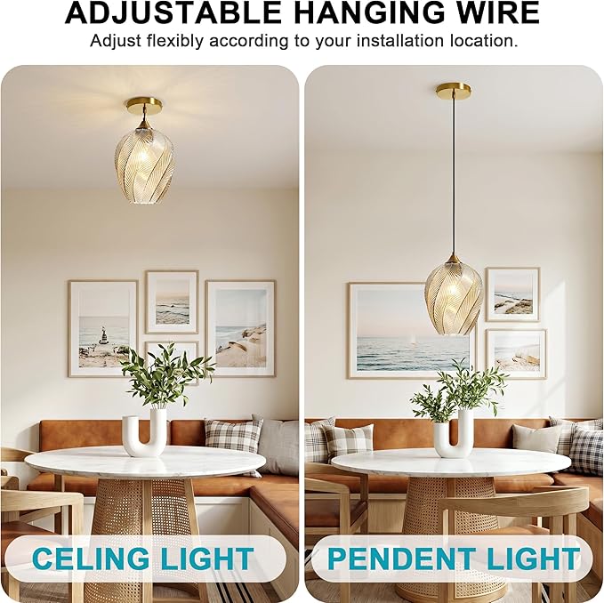 Amber Glass Gold Pendant Light, Farmhouse Kitchen Island Pendant Light Fixture Adjustable Vintage Hanging Ceiling Light for Dining Room Corridor Bedroom 1 Pack, UL Certification
