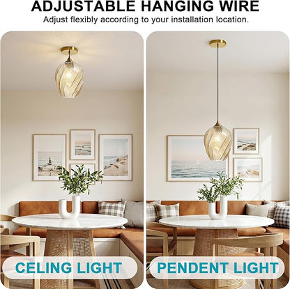 Amber Glass Gold Pendant Light, Farmhouse Kitchen Island Pendant Light Fixture Adjustable Vintage Hanging Ceiling Light for Dining Room Corridor Bedroom 1 Pack, UL Certification