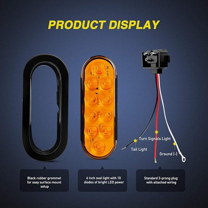 Nilight 6 Inch Oval Amber LED Trailer Tail Lights 2PCS W/Flush Mount Grommets Plugs IP67 Waterproof Turn Signals Lamp for 12V RV Camper Truck Jeep