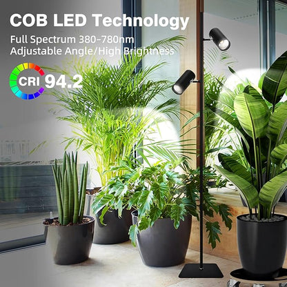 60W Full Spectrum Grow Light, Dimmable COB LED Dual-Head Floor Plant Lamp with High PPFD&CRI, 6/8/12H Timer, Adjustable Height (37"-77") & Angle – Standing Grow Lights for Indoor Plants