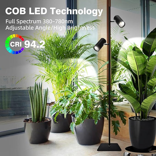 60W Full Spectrum Grow Light, Dimmable COB LED Dual-Head Floor Plant Lamp with High PPFD&CRI, 6/8/12H Timer, Adjustable Height (37"-77") & Angle – Standing Grow Lights for Indoor Plants