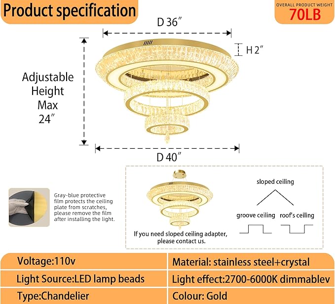 Led 40'' Gold Ring Crystal Chandelier,Modern Luxury Ceiling Lights Fixture for Dining Living Room 3-Tier Raindrop Chandeliers Lighting LED Dimmable 3000-6000K