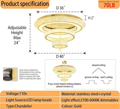 Led 40'' Gold Ring Crystal Chandelier,Modern Luxury Ceiling Lights Fixture for Dining Living Room 3-Tier Raindrop Chandeliers Lighting LED Dimmable 3000-6000K