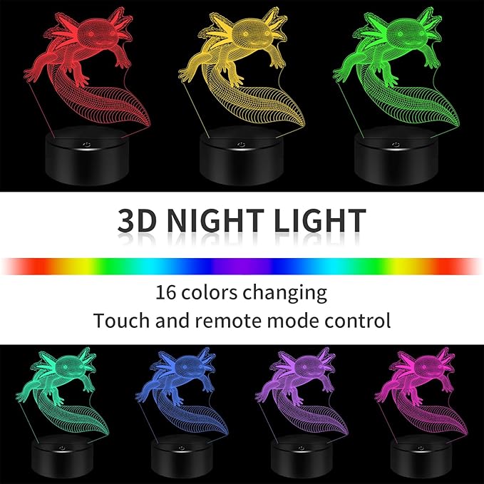 BASSI Axolotl Gifts 3D Axolotl Night Light 3D Illusion Lamp, 16 Colors Changing with Remote Kids Bedroom Decor, Birthday for Boys Girls