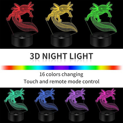 BASSI Axolotl Gifts 3D Axolotl Night Light 3D Illusion Lamp, 16 Colors Changing with Remote Kids Bedroom Decor, Birthday for Boys Girls