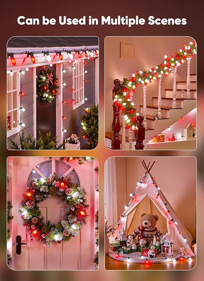C9 LED Christmas Lights Outdoor, 50 Feet String with 50 Shatterproof Matte Bulbs, Connectable Waterproof Tree Lights for Holiday Roofline Backyard Garden Decor, Red & Pure White