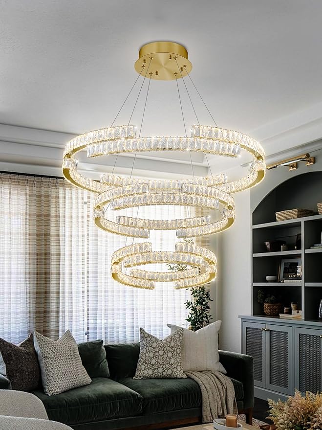 D40''+D27.5''+D15.7'' Modern Gold 3 Ring Crystal Chandeliers for Living Room Crystal Pendant Light Foyer Entrance LED Dimmable 3000-6000K Fixtures