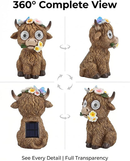 2 Solar Cow Garden Statues with Lighted Eyes – Cute Highland Cow Outdoor Decor, Waterproof Resin Animal Figurines for Yard, Patio, Lawn & Gifts (2-Pack)