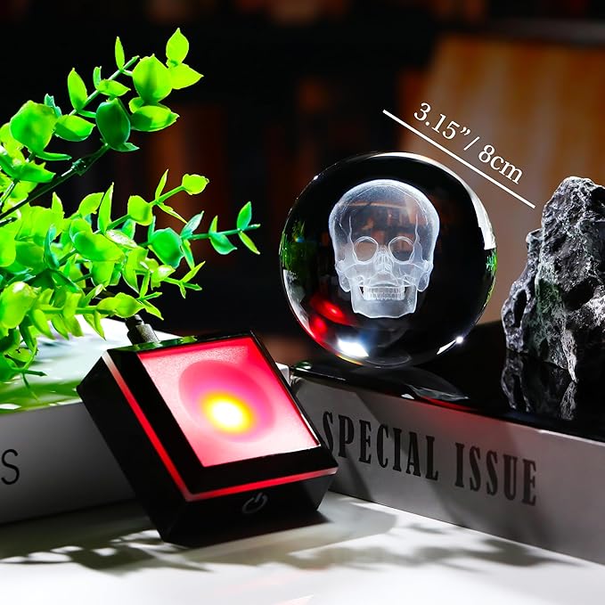 Qianwei 3D Crystal Skull Decor- 80MM Halloween Skull Light Witch Figurines Occult Medieval Goth Satanic Home Desk Glass Skull Decor Witchy Gifts Horror Statue