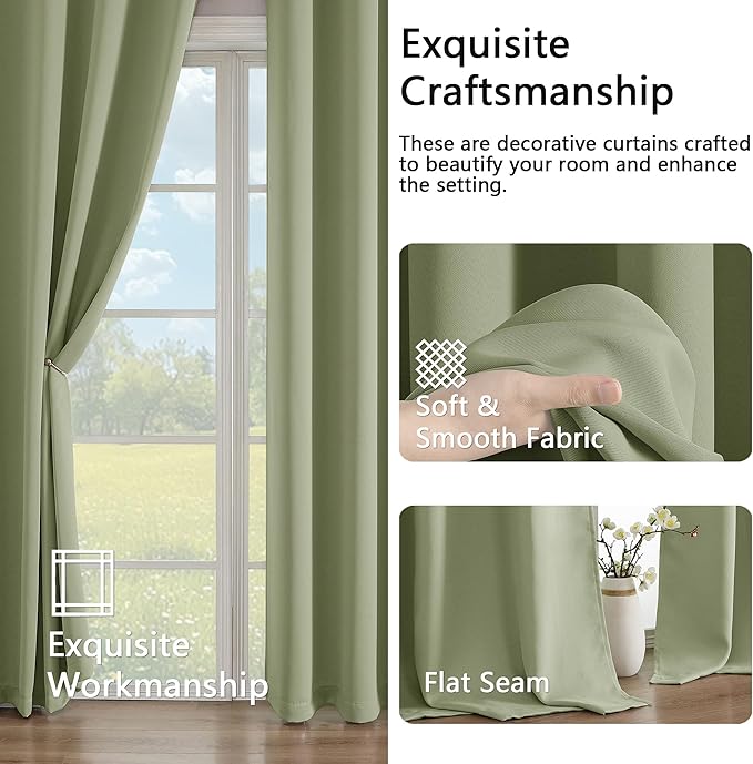 Simplebrand Sage Green Room Darkening Curtains for Bedroom 63 Inch Length 2 Panels Set, Thermal Insulated Energy Saving Curtains for Kids Room, Grommet Solid Nursery Window Treatment Drapes, W40 x L63