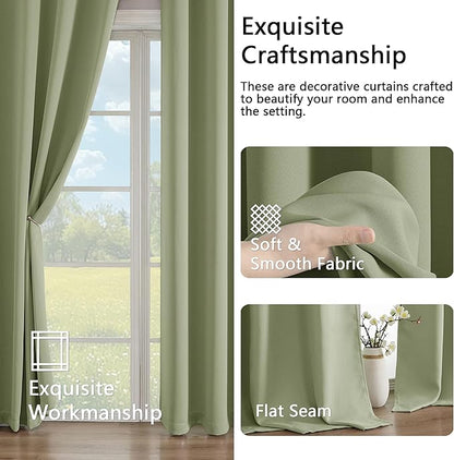 Simplebrand Sage Green Room Darkening Curtains for Bedroom 63 Inch Length 2 Panels Set, Thermal Insulated Energy Saving Curtains for Kids Room, Grommet Solid Nursery Window Treatment Drapes, W40 x L63