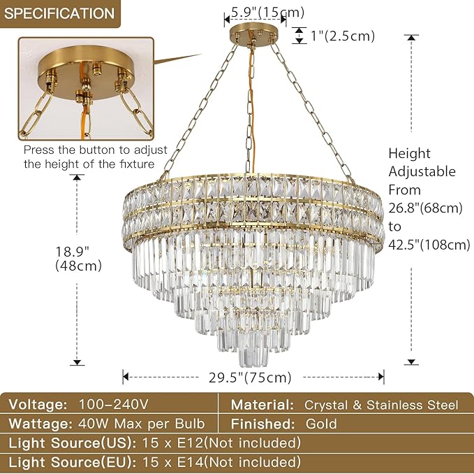 Modern Crystal Chandelier Gold Finish Light Fixture, Round Crystal Pendant Light Hanging Lamp, for Living Room, Dining Room, Restaurant, E12 x 15, Ø29.5 inch