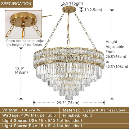 Modern Crystal Chandelier Gold Finish Light Fixture, Round Crystal Pendant Light Hanging Lamp, for Living Room, Dining Room, Restaurant, E12 x 15, Ø29.5 inch